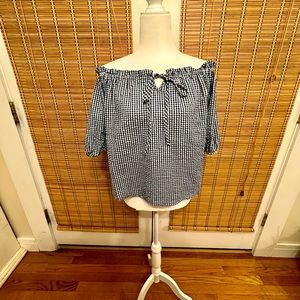 Gingham Navy/White Off-the-Shoulder Blouse